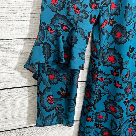 Hashttag Blue Floral Ruffle Long Sleeve Dress With Keyhole Back & Layered Bell S - Picture 3 of 4